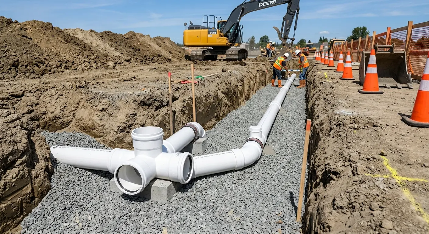 New PVC sewer pipe installation in open trench for Sewer Backup in Petoskey