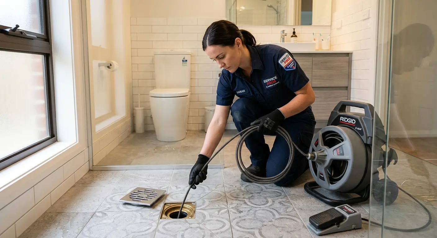 Technician clearing a bathroom floor drain for Clogged Drain Repair in Petoskey
